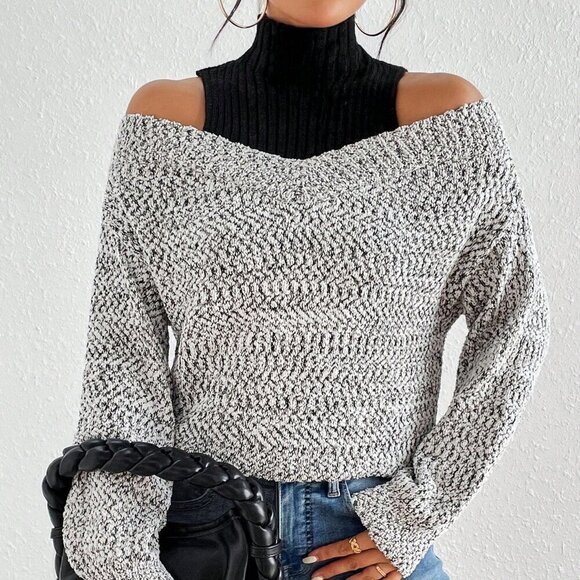 Sweaters - Grey Casual Women's Two Tone Cold Shoulder 2 In 1 Sweater